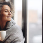 Portrait of happy middle aged woman in cozy sweater holding a cup of hot drink and looking trough the window, enjoying the winter morning