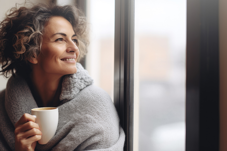 Portrait of happy middle aged woman in cozy sweater holding a cup of hot drink and looking trough the window, enjoying the winter morning