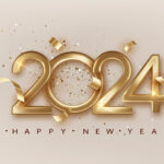 2024 New Year with golden golden ribbon. Elegant festive christmas banner with falling confetti on bright background. 2024 Golden 3d number.