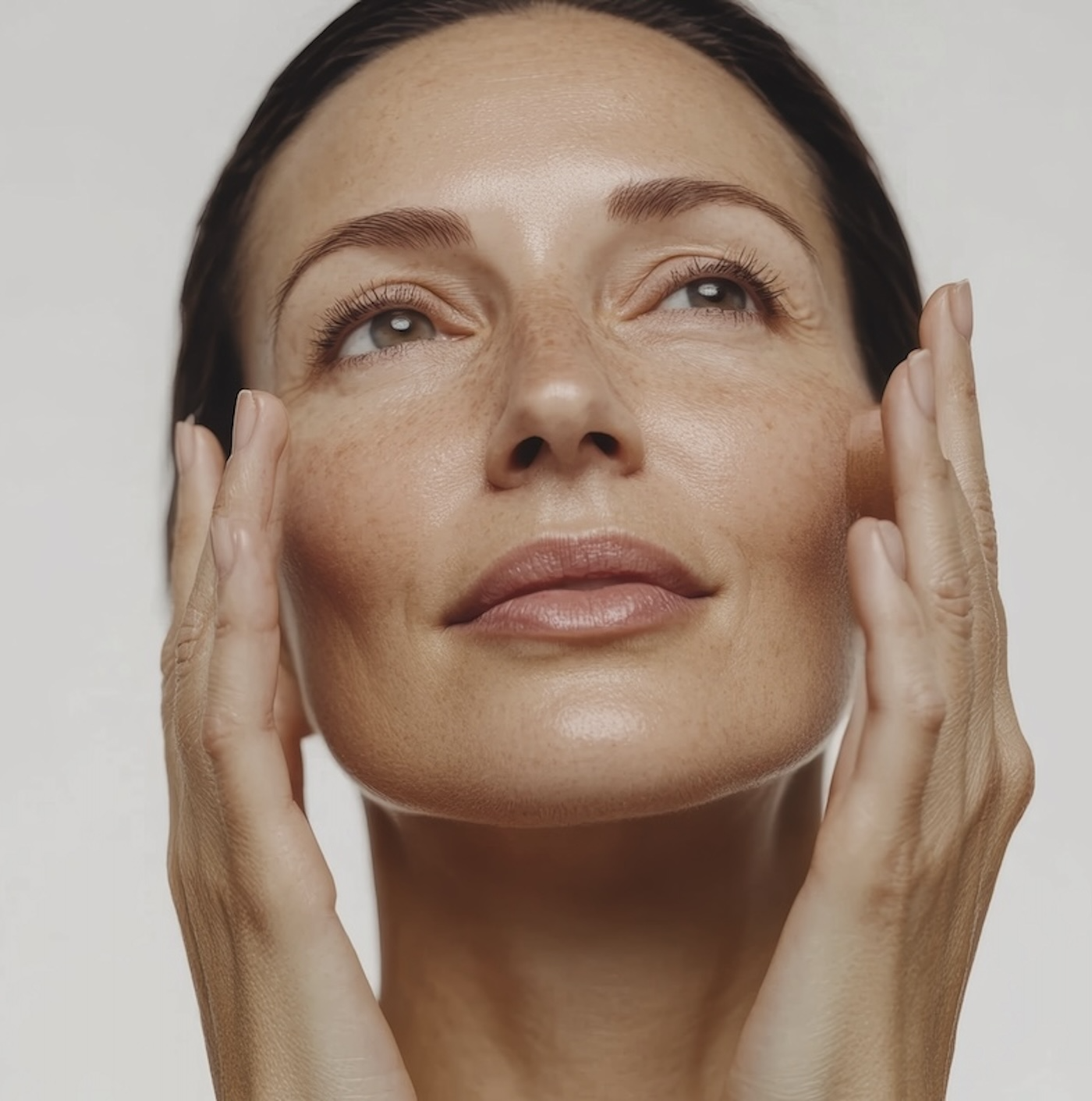 beautiful natural young woman touching her face